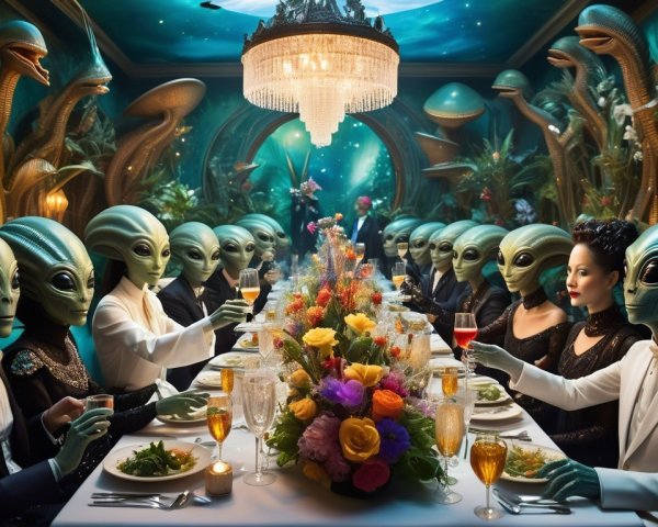 Extravagant Dining Hall with Elegant Aliens and Cuisine