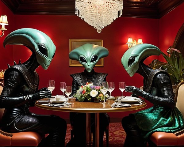 Aliens Dining in Opulent Room with Lavish Decor