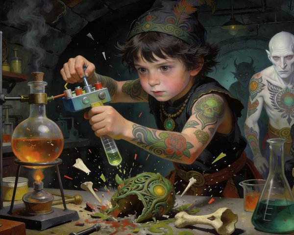 Tattooed Boy with Ray Gun in Laboratory Scene