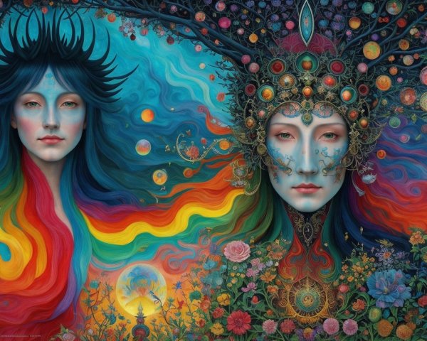 Surreal Artwork of Ethereal Female Figures in Cosmic Scene