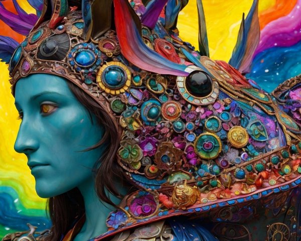Surreal Figure with Blue Skin and Colorful Headdress