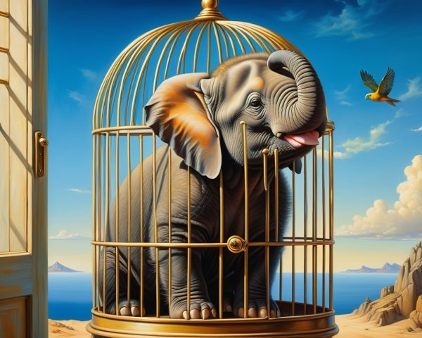 Elephant in Birdcage Surrounded by Serene Landscape