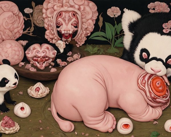 Surreal Scene with Pandas and Grotesque Sculptures