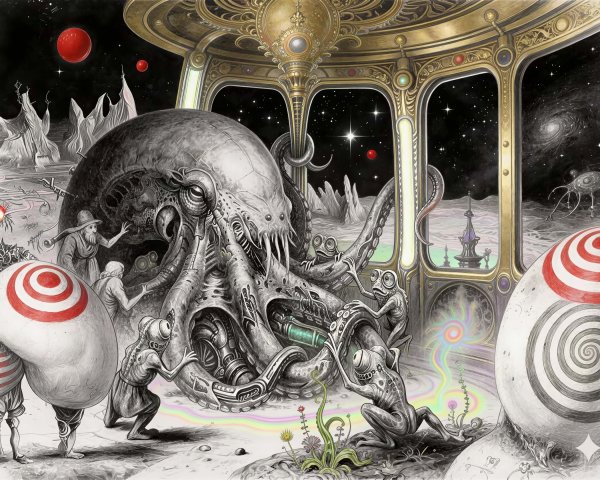 Detailed Black and White Etching of Alien Landscape