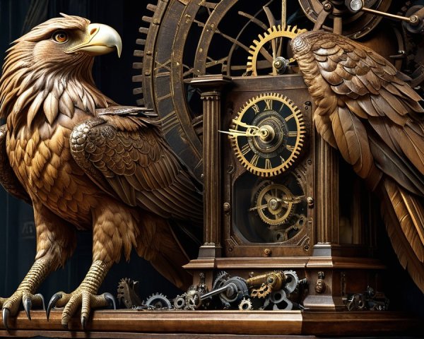 Wooden Eagle and Ornate Clock Displaying Craftsmanship