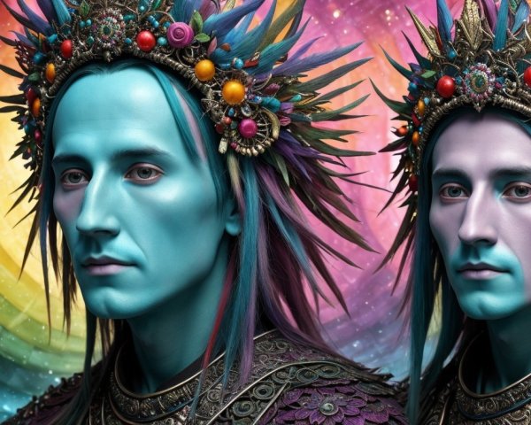 Ethereal Figures with Blue Skin in Cosmic Background