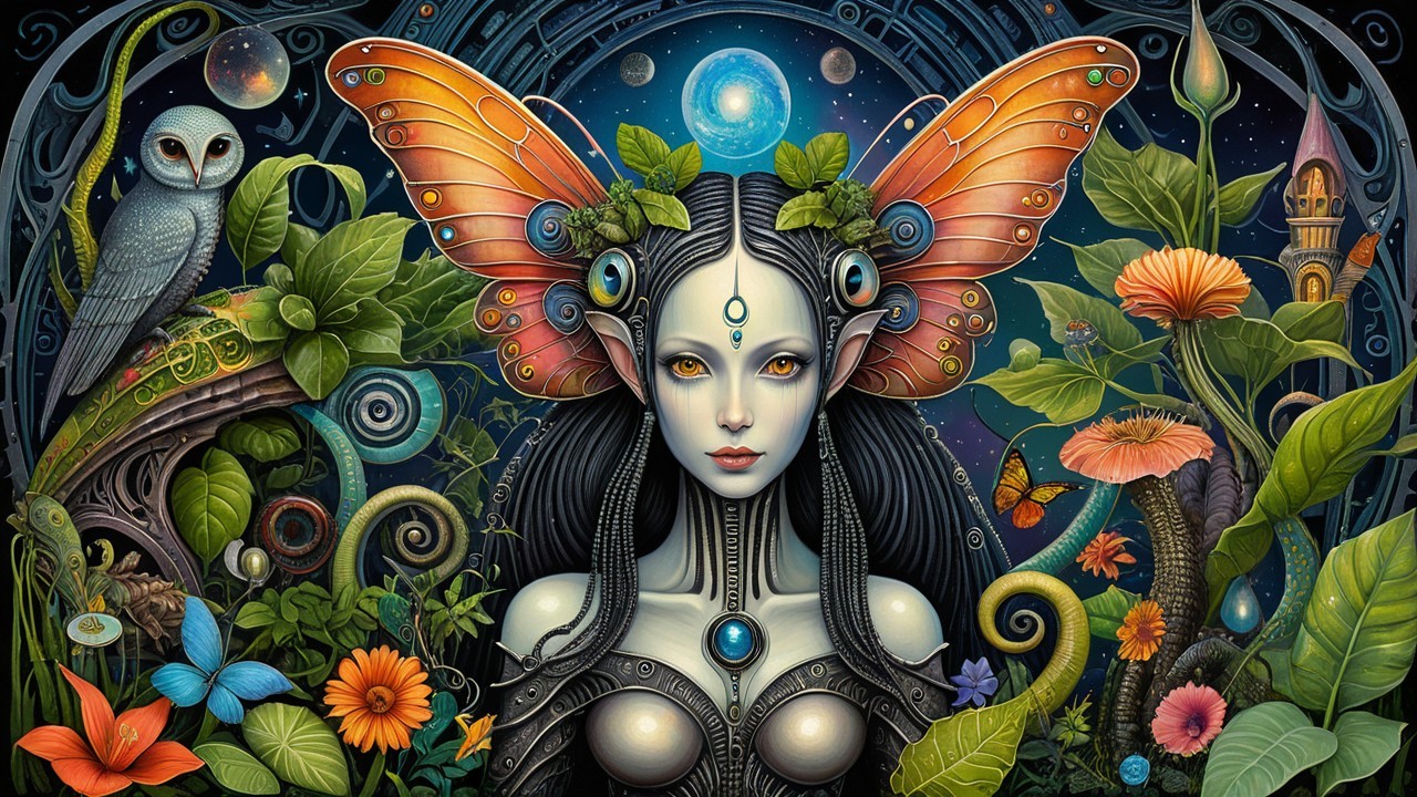 Mystical Figure with Butterfly Wings in Cosmic Scene