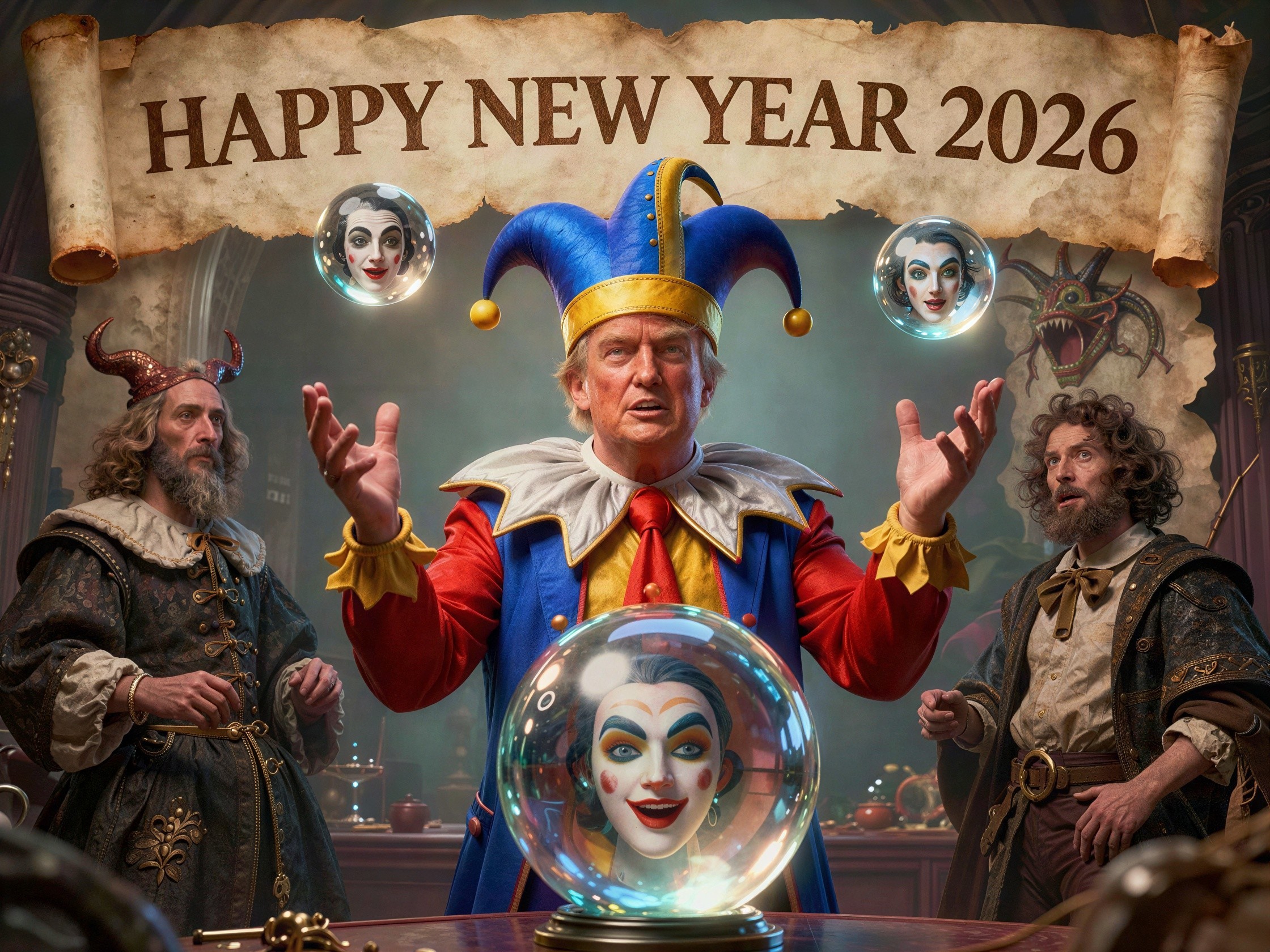 Surreal Festive Image of a Jester with Orbs