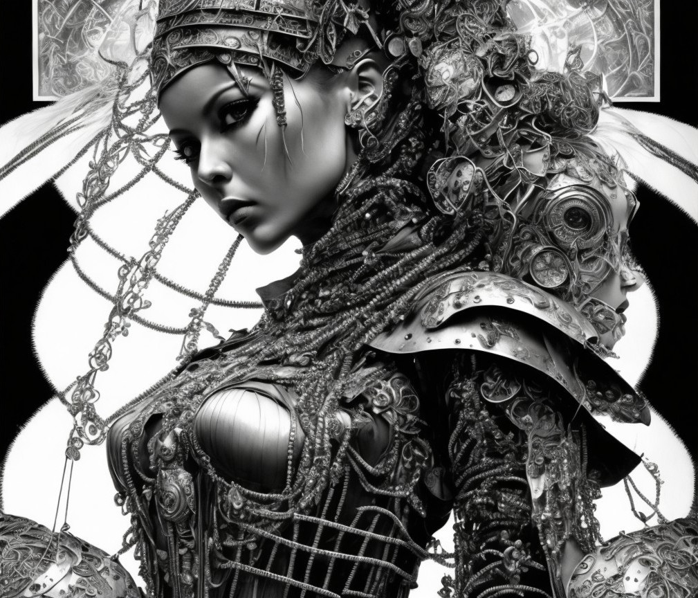 Futuristic Cybernetic Woman in Metallic Armor Design