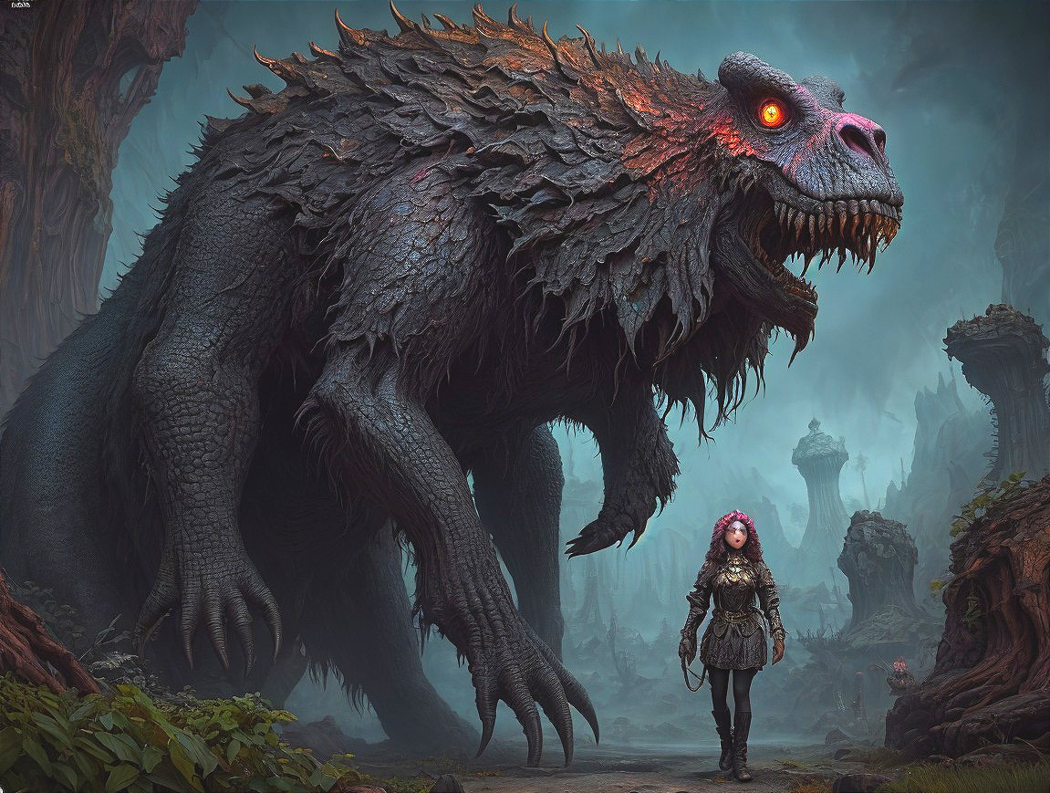 Confrontation Between Warrior and Colossal Creature