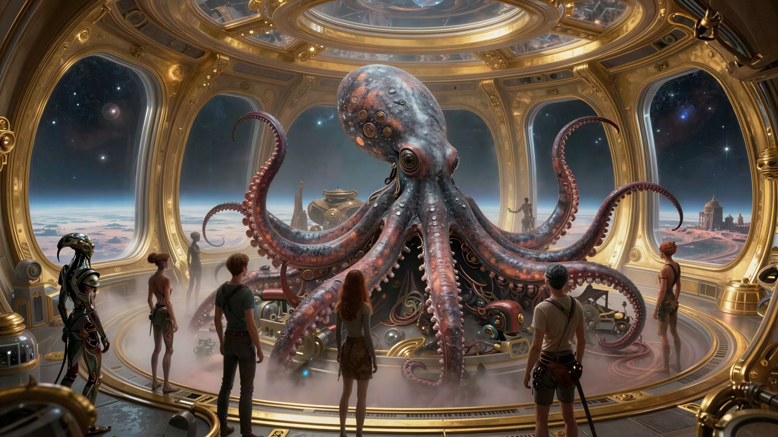 Steampunk Spacecraft Interior Featuring Detailed Octopus
