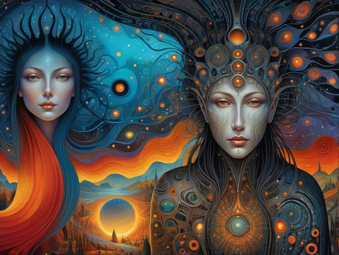 Surreal Landscape with Ethereal Figures and Cosmic Elements
