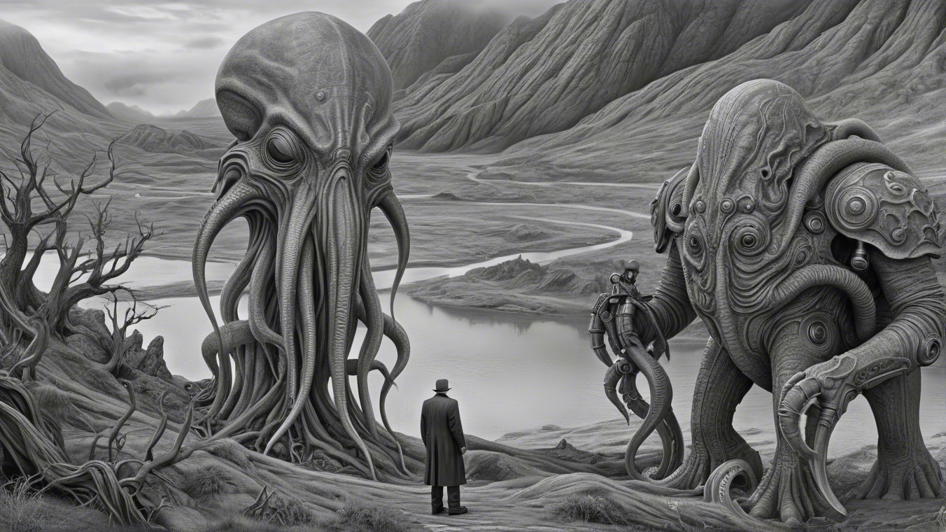 Surreal Landscape with Tentacled Entities and Figure