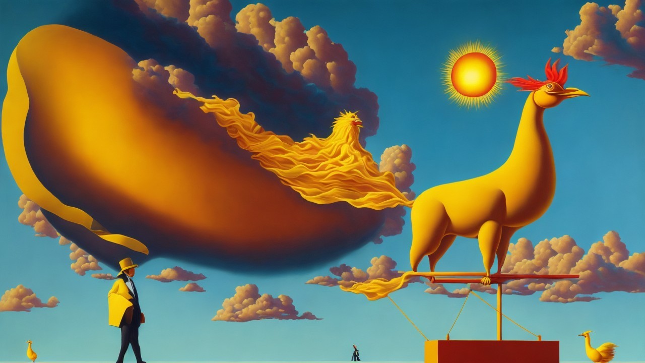 Surreal Landscape with Giant Yellow Chicken Sculpture
