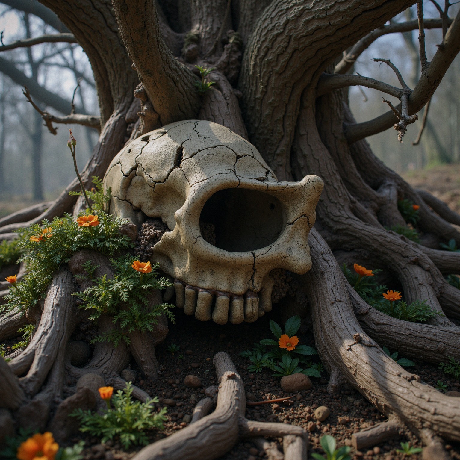 Cracked Skull and Orange Flowers in Misty Forest