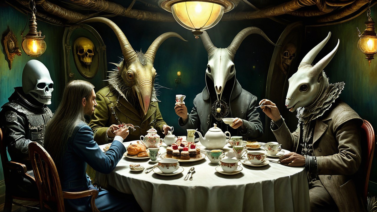 Surreal Gathering of Masked Figures at Tea Table