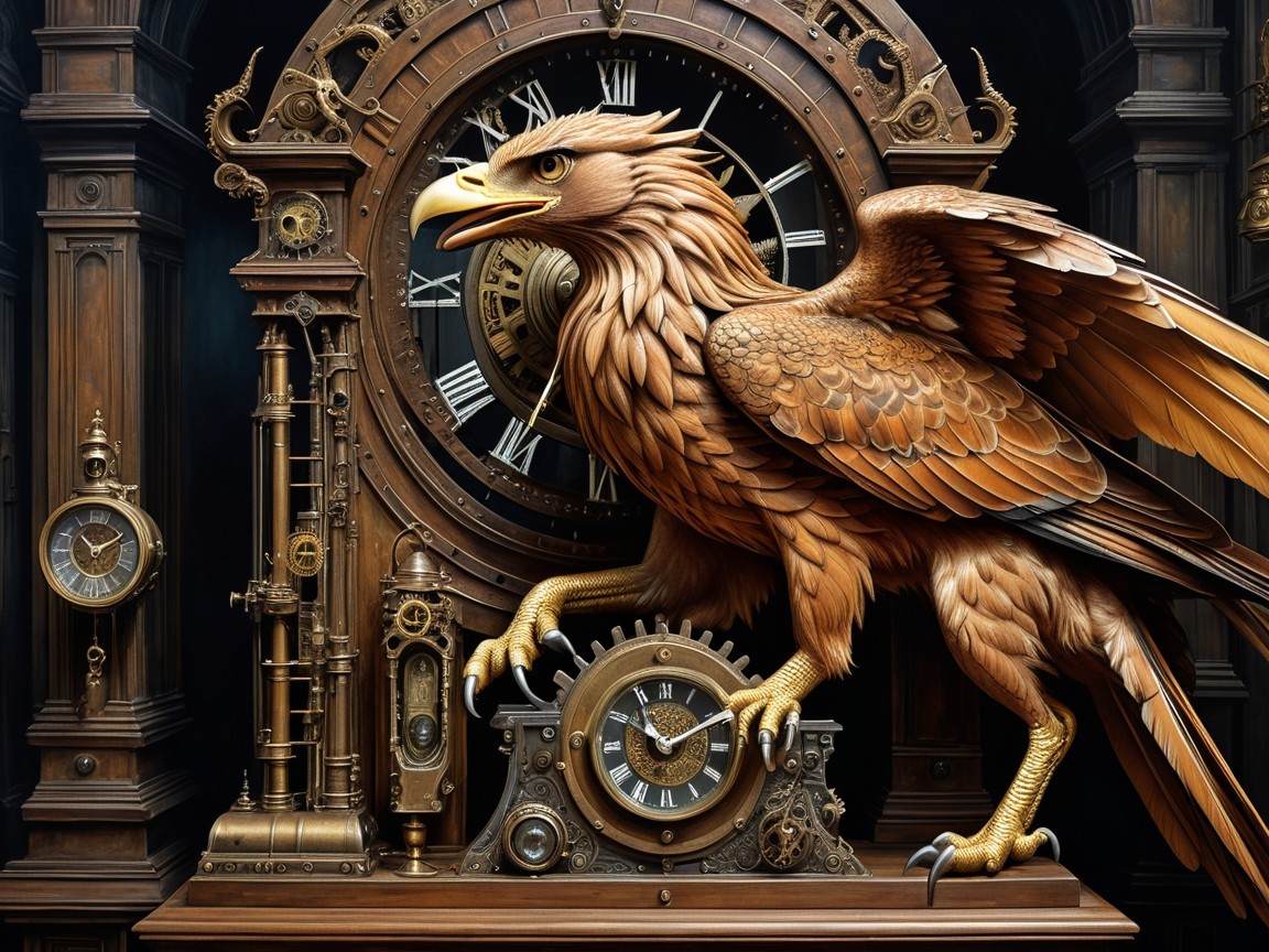 Intricately Designed Steampunk Clock with Griffin Centerpiece