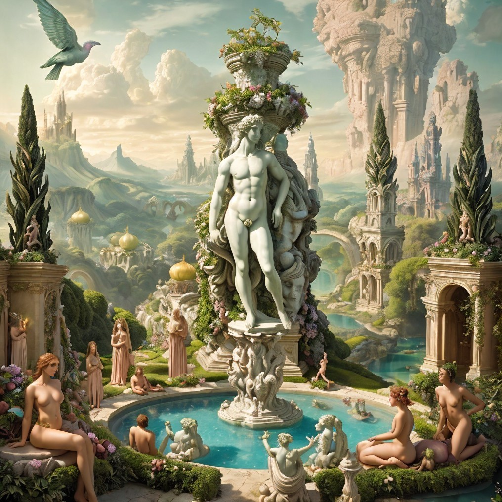 Marble Statue in a Lush Fantastical Garden Setting