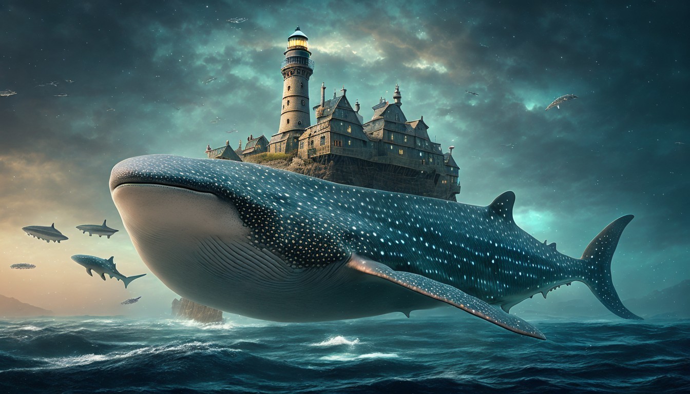 Whale with Lighthouse in a Vibrant Ocean Scene