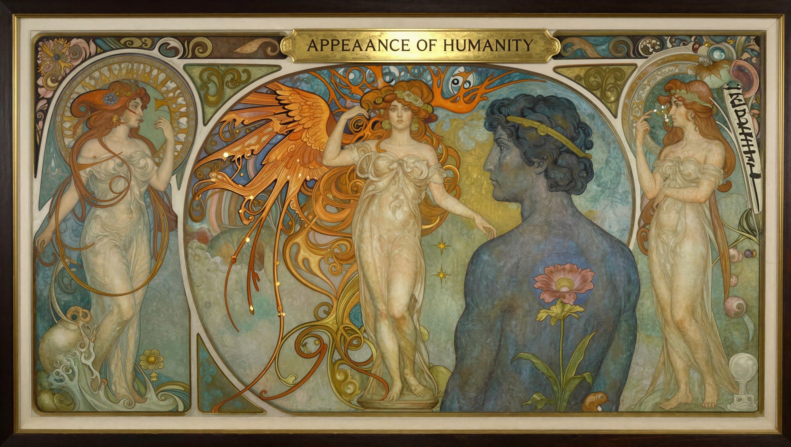 Art Nouveau Painting Featuring Three Figures with Red Hair