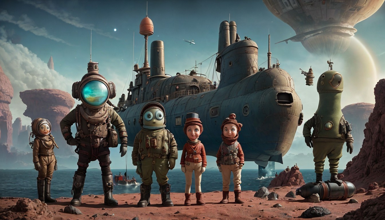 Whimsical Characters on Rocky Landscape by Water