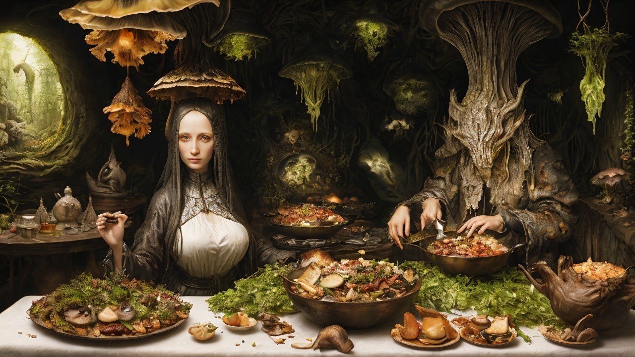 Mystical Forest Scene with Exotic Dishes and Figures