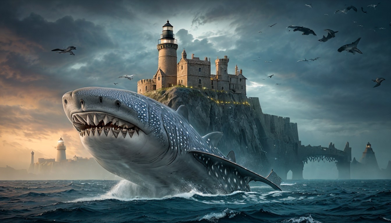 Colossal Shark Breaches Near Castle in Dramatic Seascape