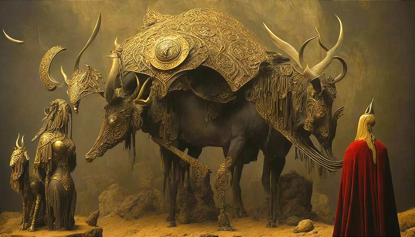 Majestic Bull Creature in Ornate Golden Armor