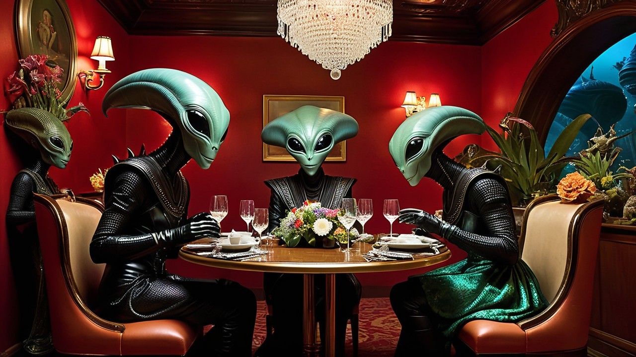 Aliens Dining in Opulent Room with Lavish Decor