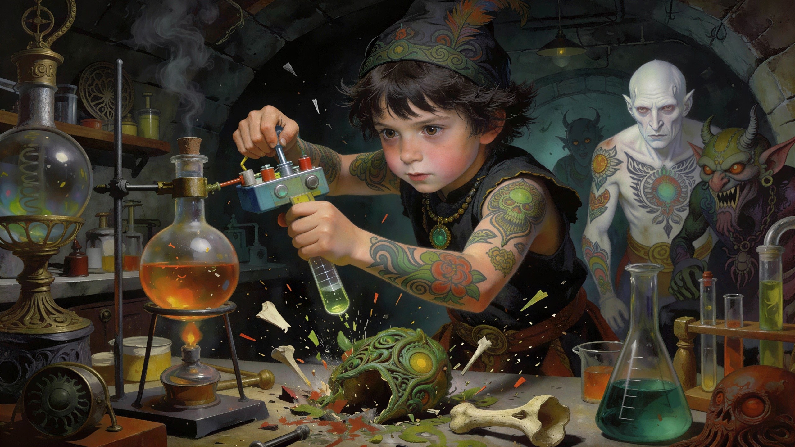 Tattooed Boy with Ray Gun in Laboratory Scene