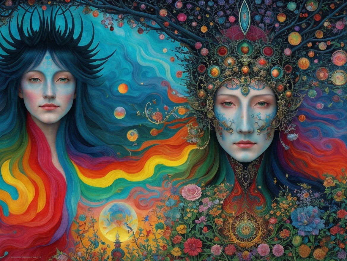 Surreal Artwork of Ethereal Female Figures in Cosmic Scene