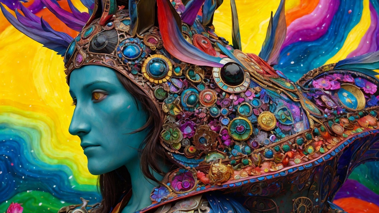 Surreal Figure with Blue Skin and Colorful Headdress