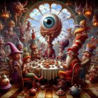 Whimsical Tea Party with Elderly Wizards and Characters