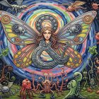 Whimsical Scene of Girl with Butterfly Wings and Nature