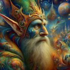Majestic King in Ethereal Landscape with Floating Castles