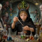 Boy in Wizard Robe Mixing Potions in Alchemy Lab