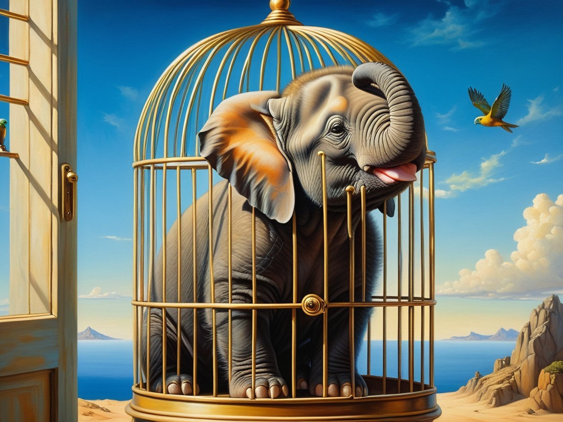 Elephant in Birdcage Surrounded by Serene Landscape