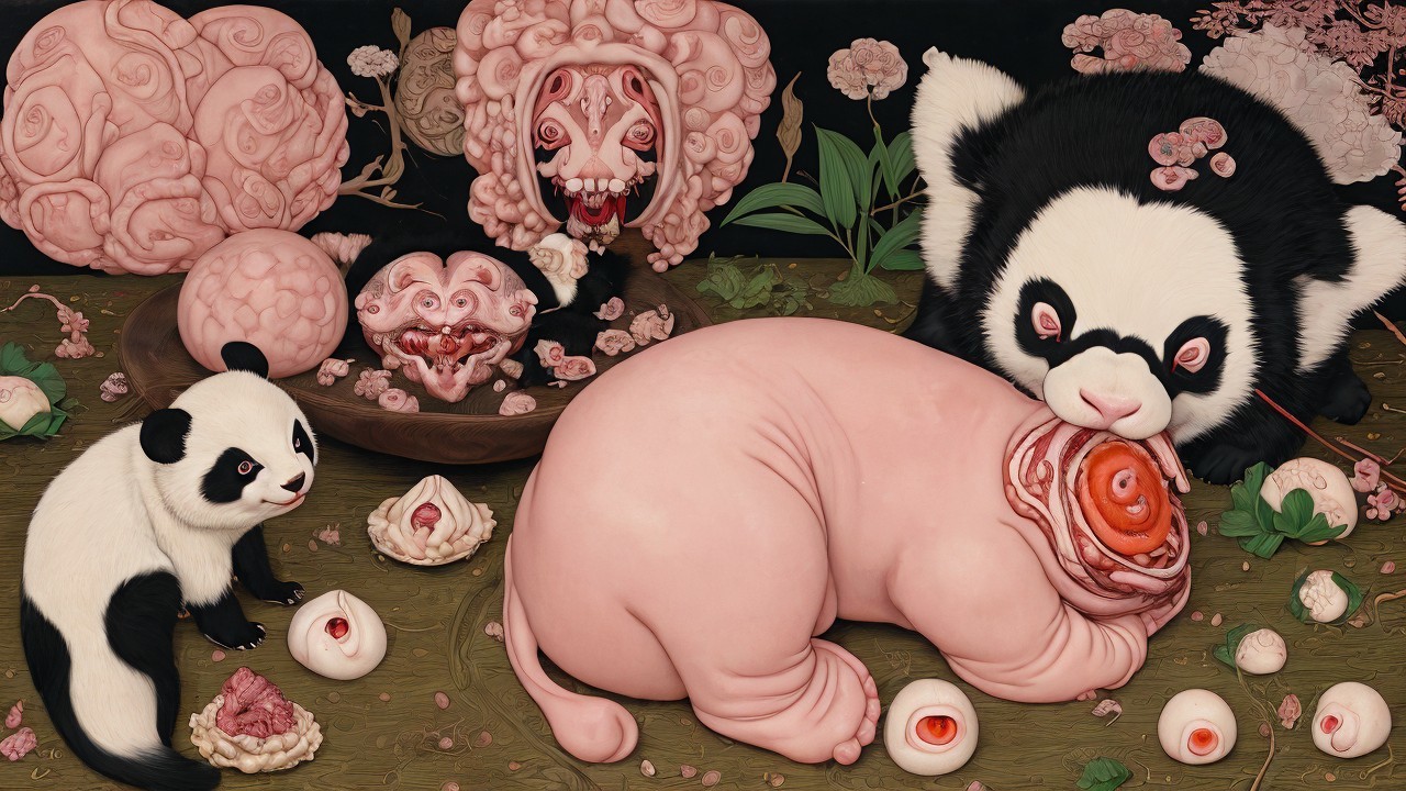 Surreal Scene with Pandas and Grotesque Sculptures