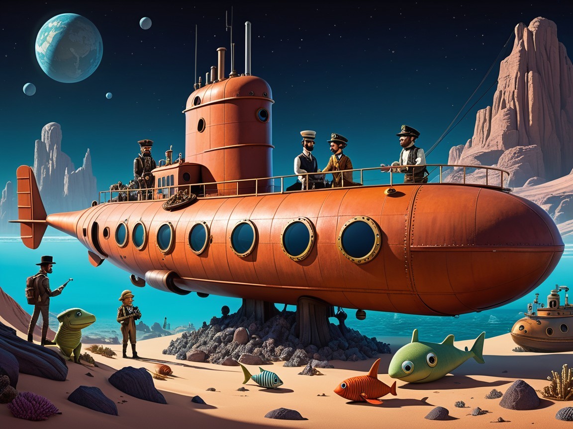 Retro Orange Submarine in Vibrant Underwater Scene