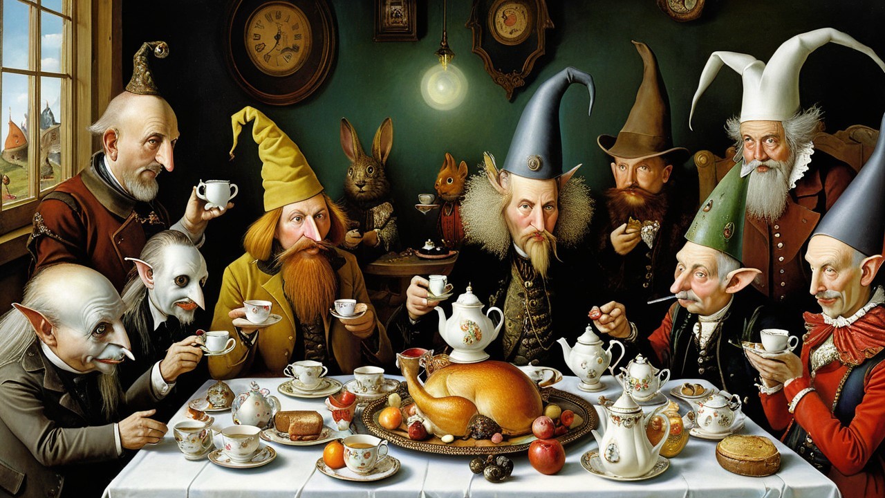 Eccentric Gnomes at a Lavish Feast Table Scene