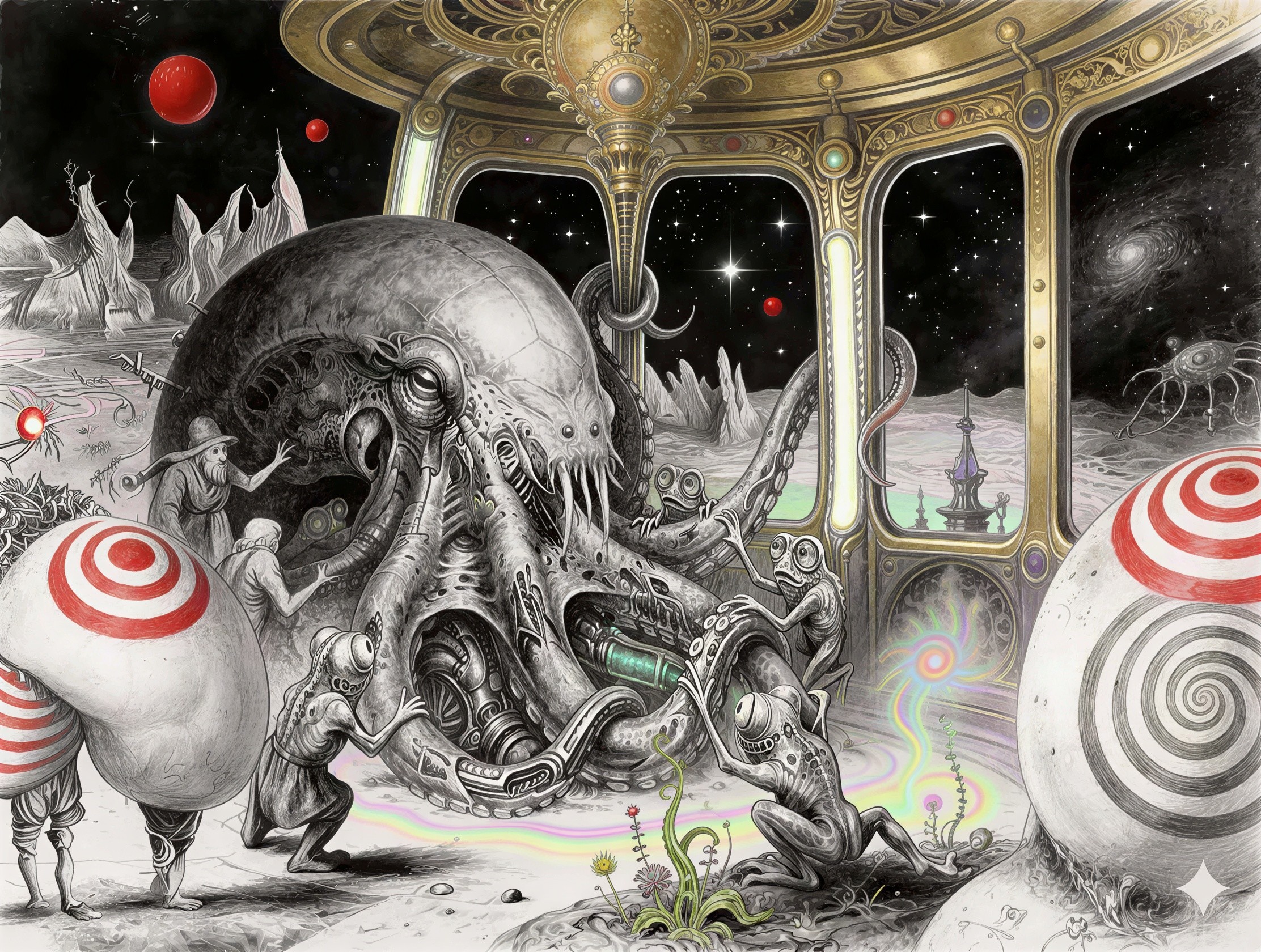 Detailed Black and White Etching of Alien Landscape