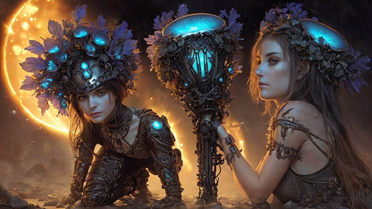 Ethereal Figures in Nature-Inspired Armor Under Crescent Sun