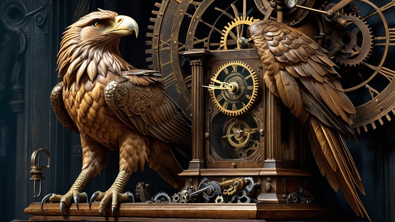 Wooden Eagle and Ornate Clock Displaying Craftsmanship