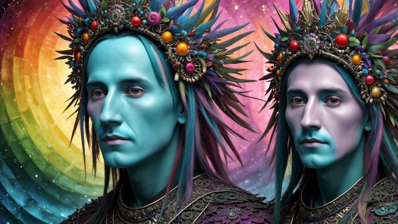 Ethereal Figures with Blue Skin in Cosmic Background