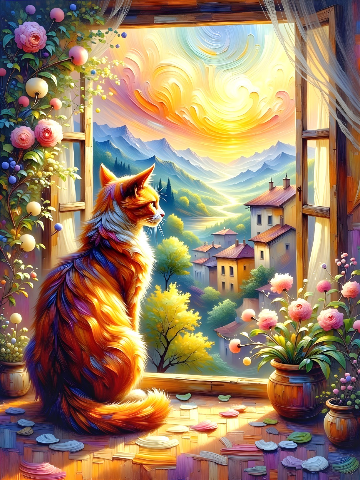 Cat by Window Overlooking Scenic Mountain Sunset