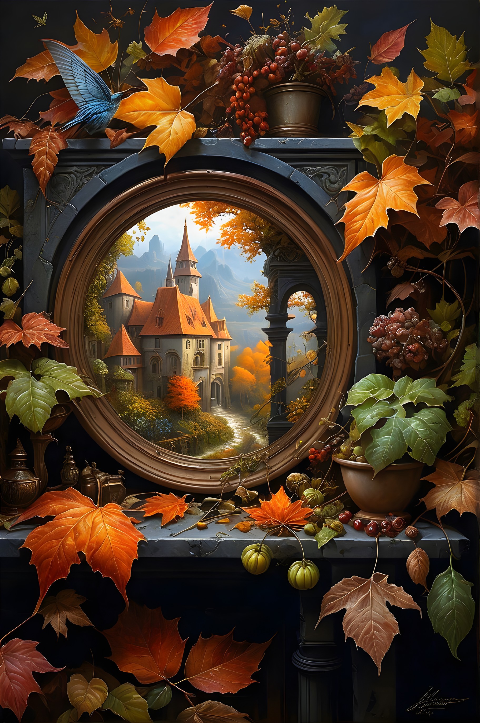 Castle Surrounded by Autumn Leaves and Serene River