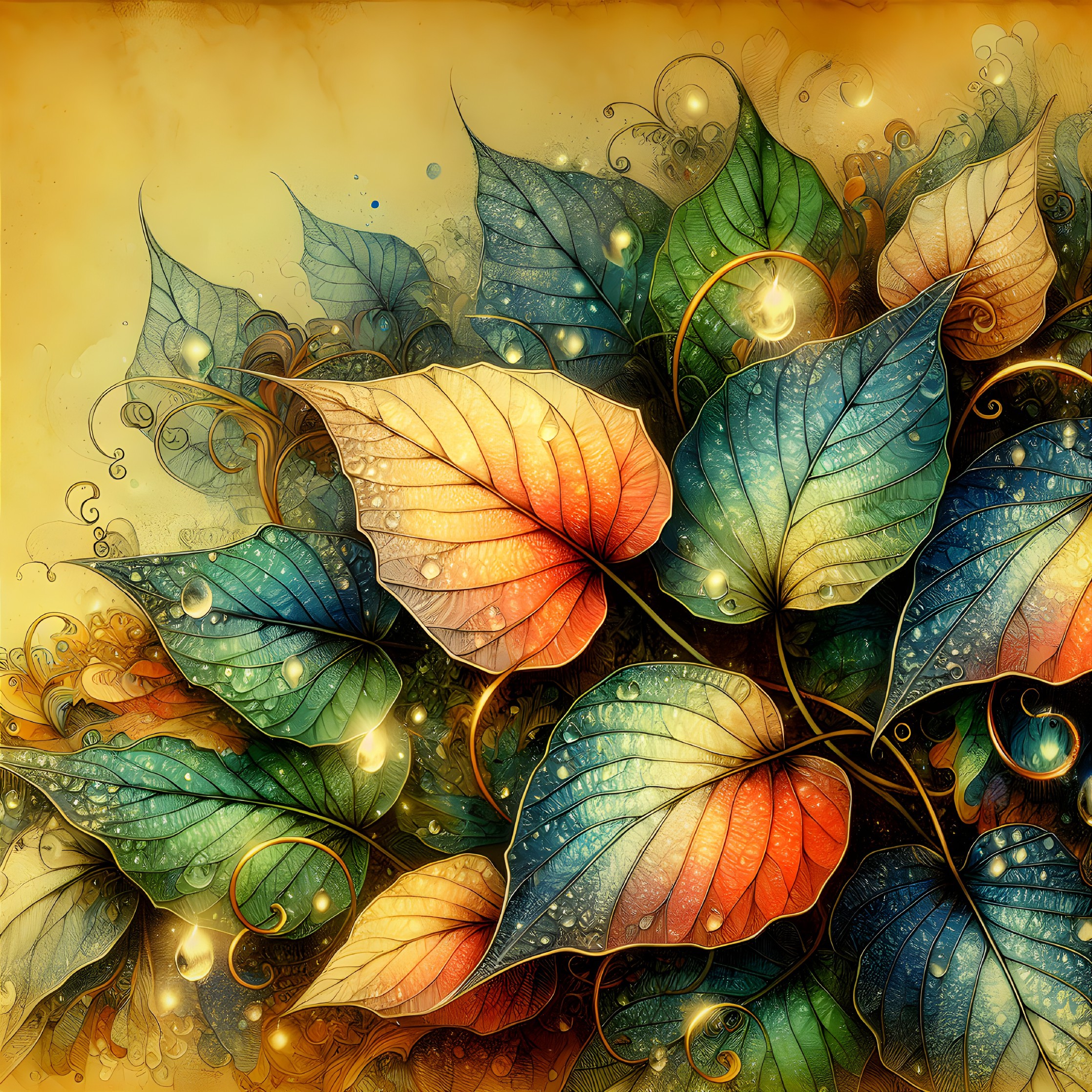 Colorful Leaves Arrangement with Golden Background