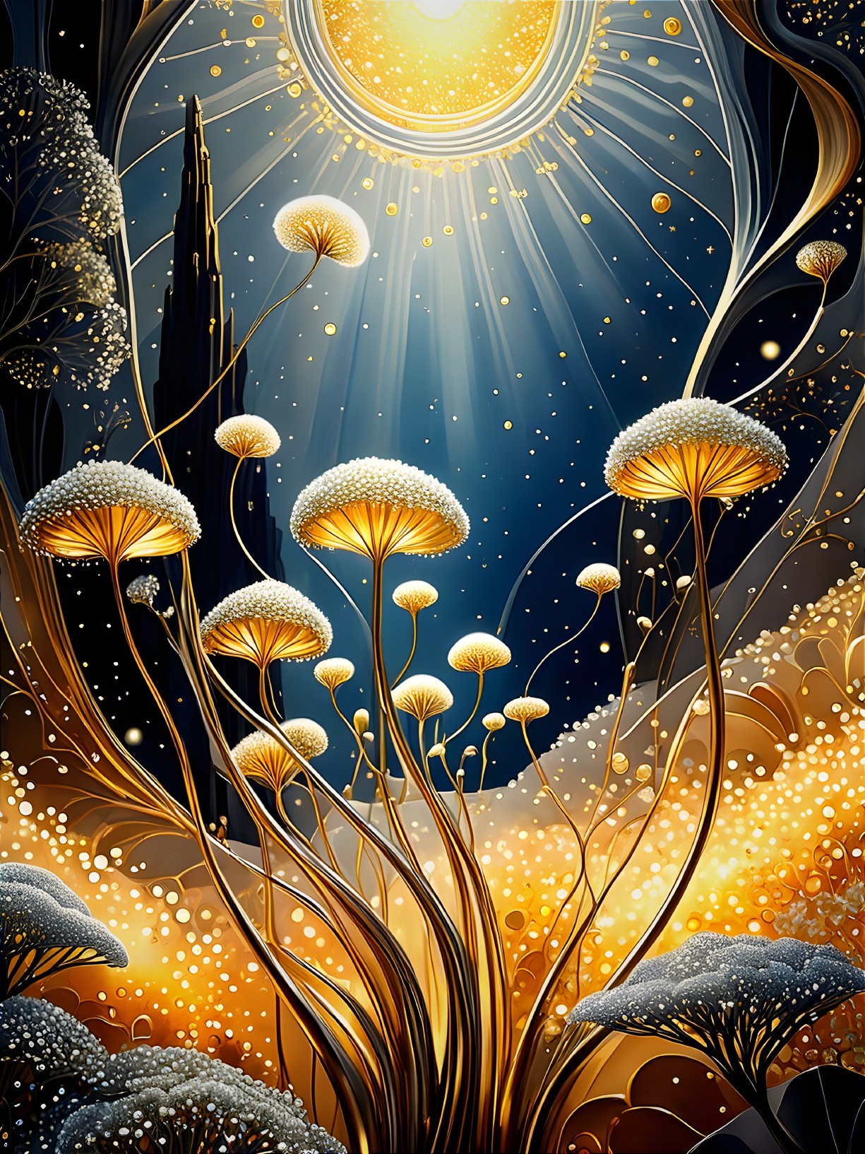 Surreal Landscape with Golden Light and Oversized Mushrooms