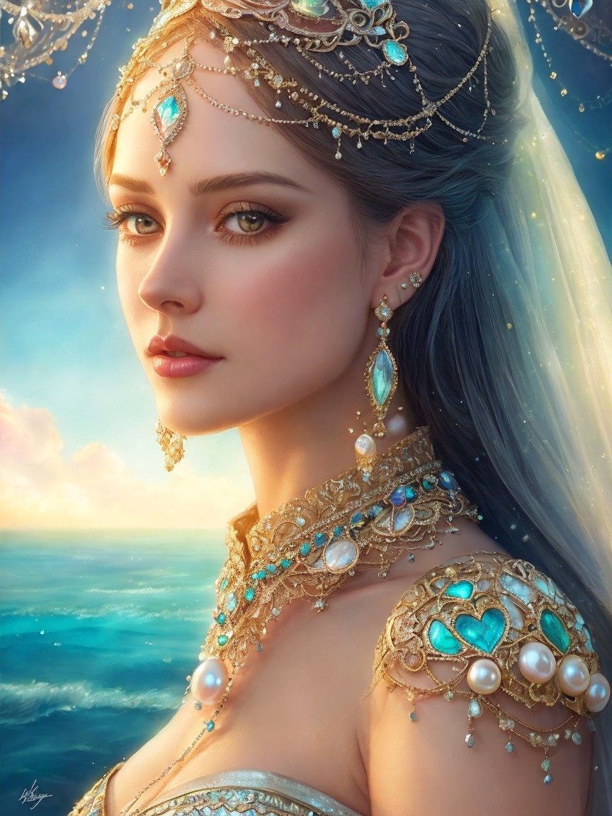Elegant Woman with Silver-Blue Hair and Crown
