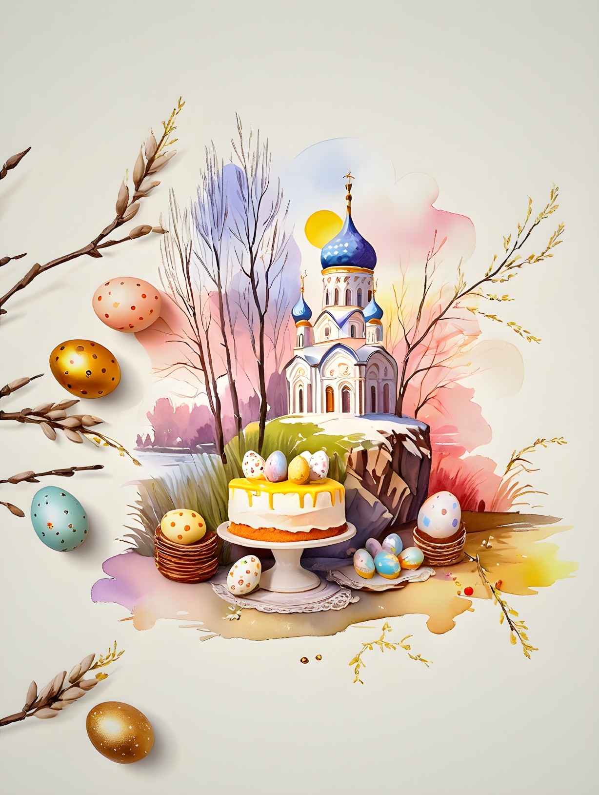 Whimsical Easter Scene with Church and Decorated Cake